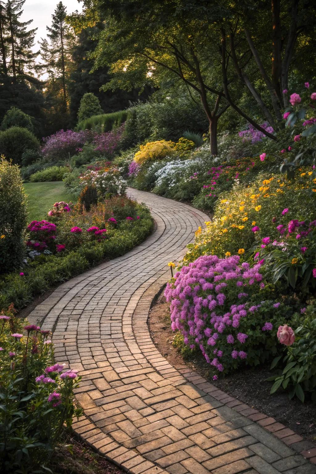 Charming brick pathways add a magical touch.