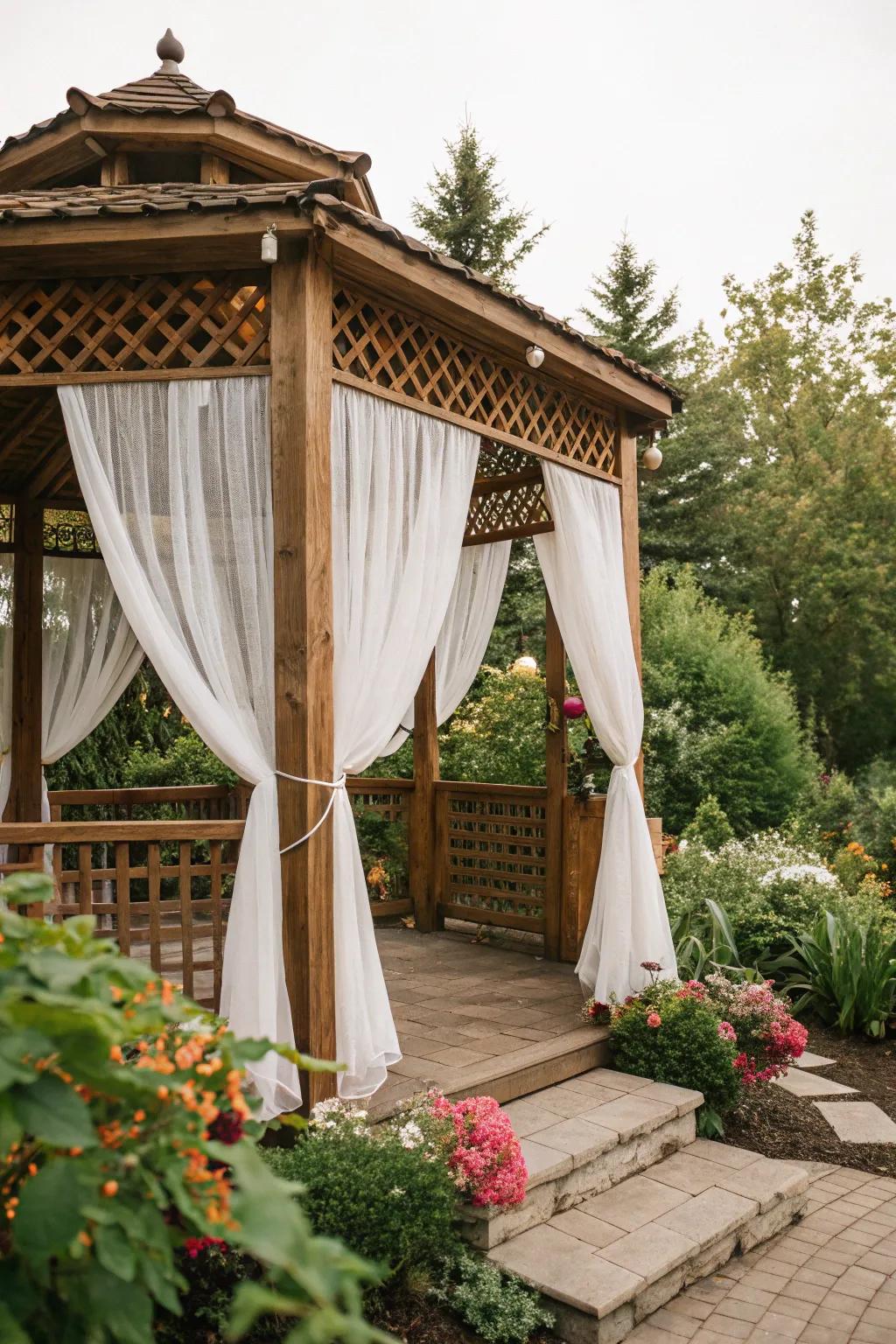 A gazebo offers a secluded and peaceful retreat.