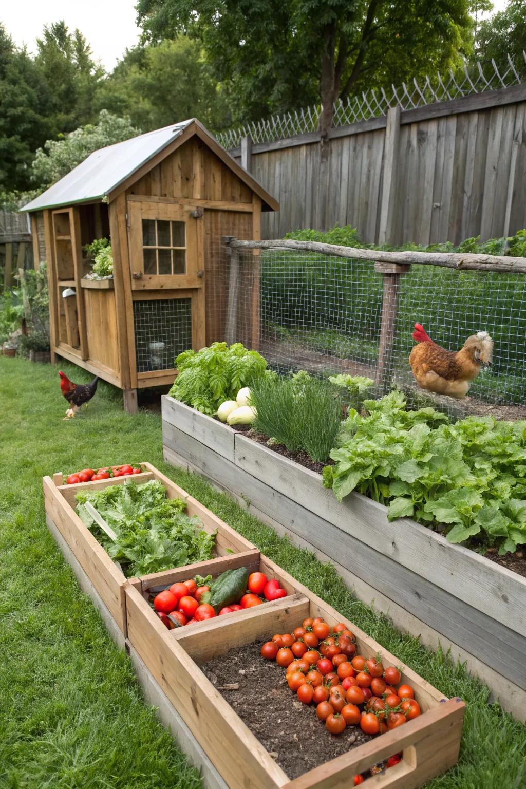 Raised garden beds provide both beauty and utility next to the coop.