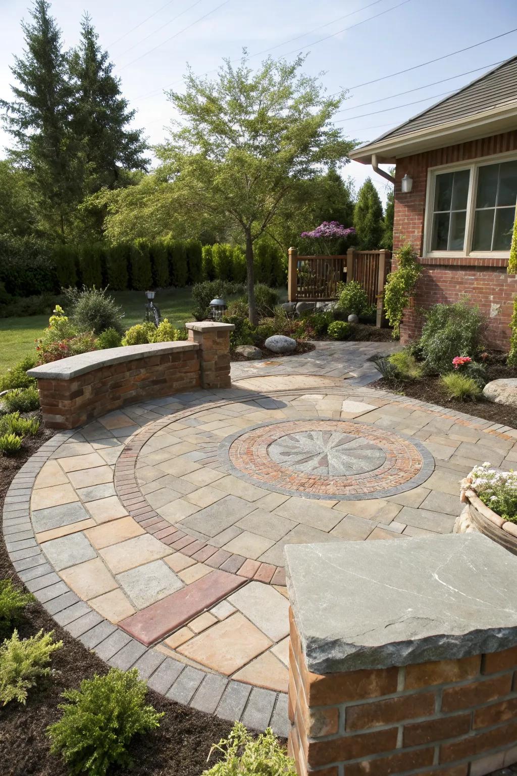 A circular patio showcasing a beautiful mix of materials for added charm.