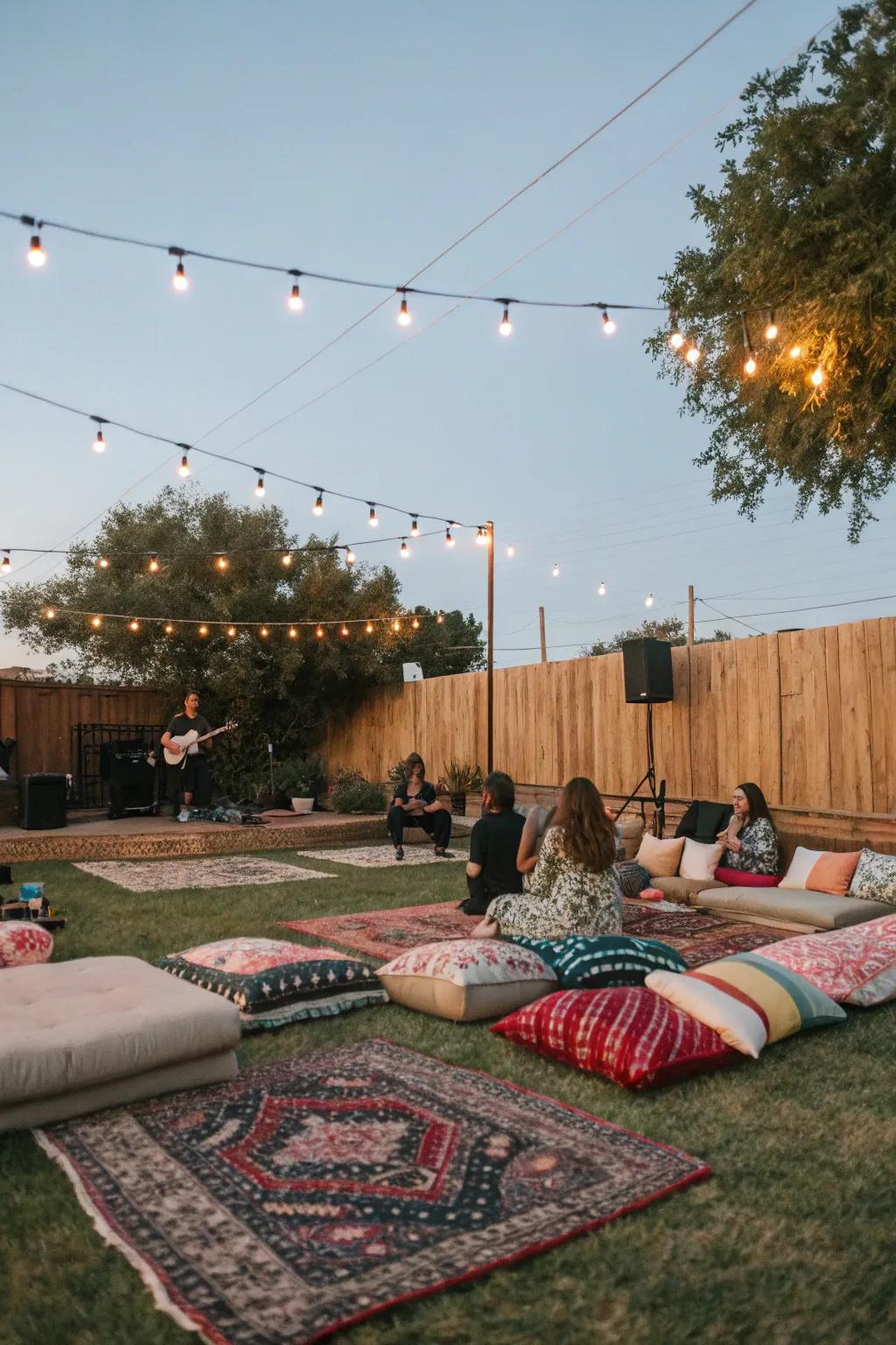 Soft rugs and cushions provide cozy seating for guests to enjoy the concert.