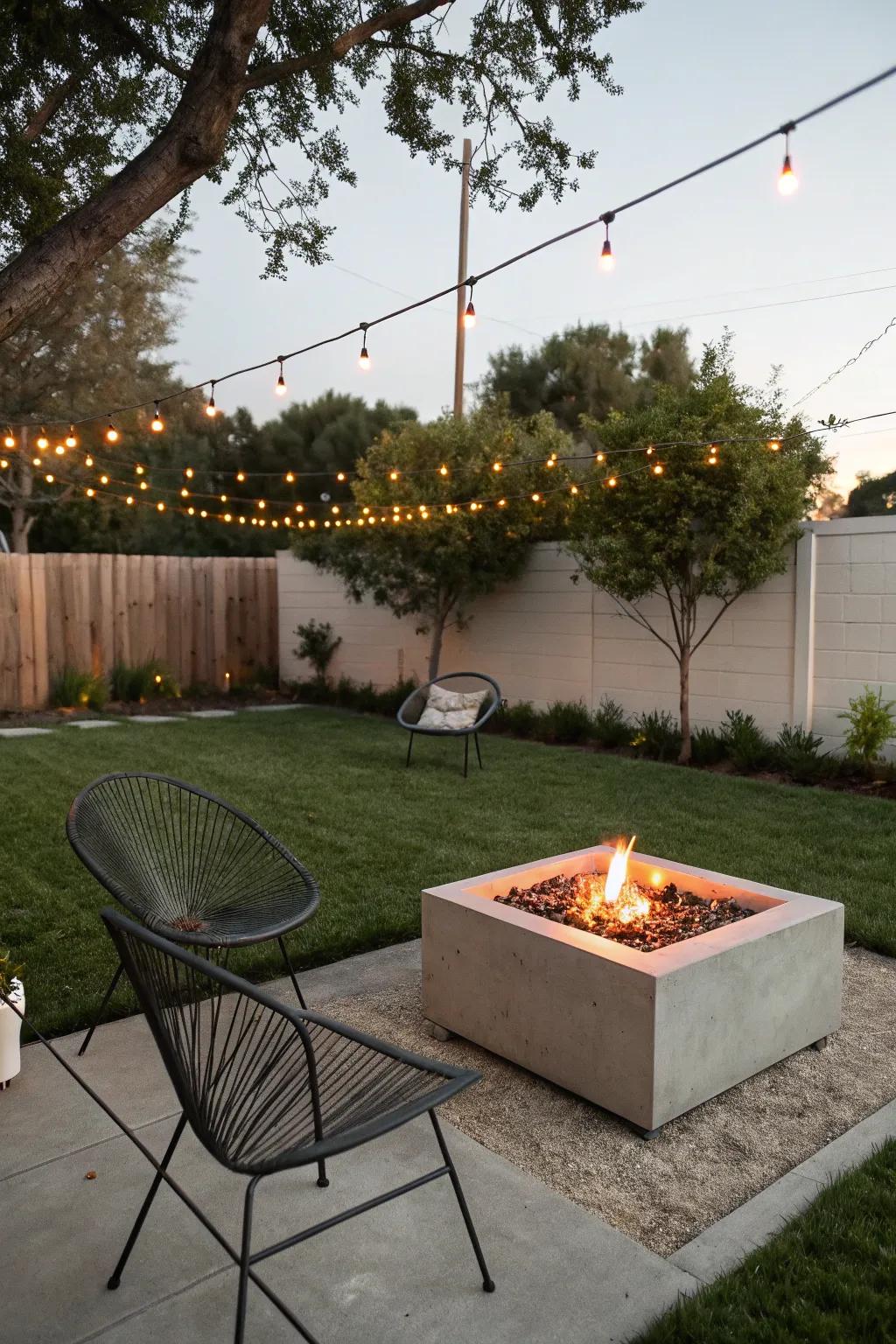 A modern concrete fire pit offering a sleek backyard aesthetic.