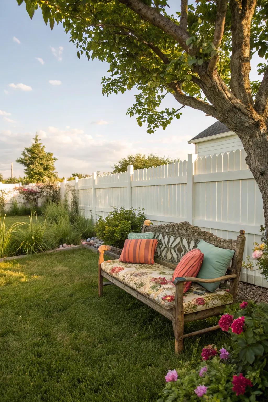 Inviting outdoor seating with a vintage bench and colorful cushions.