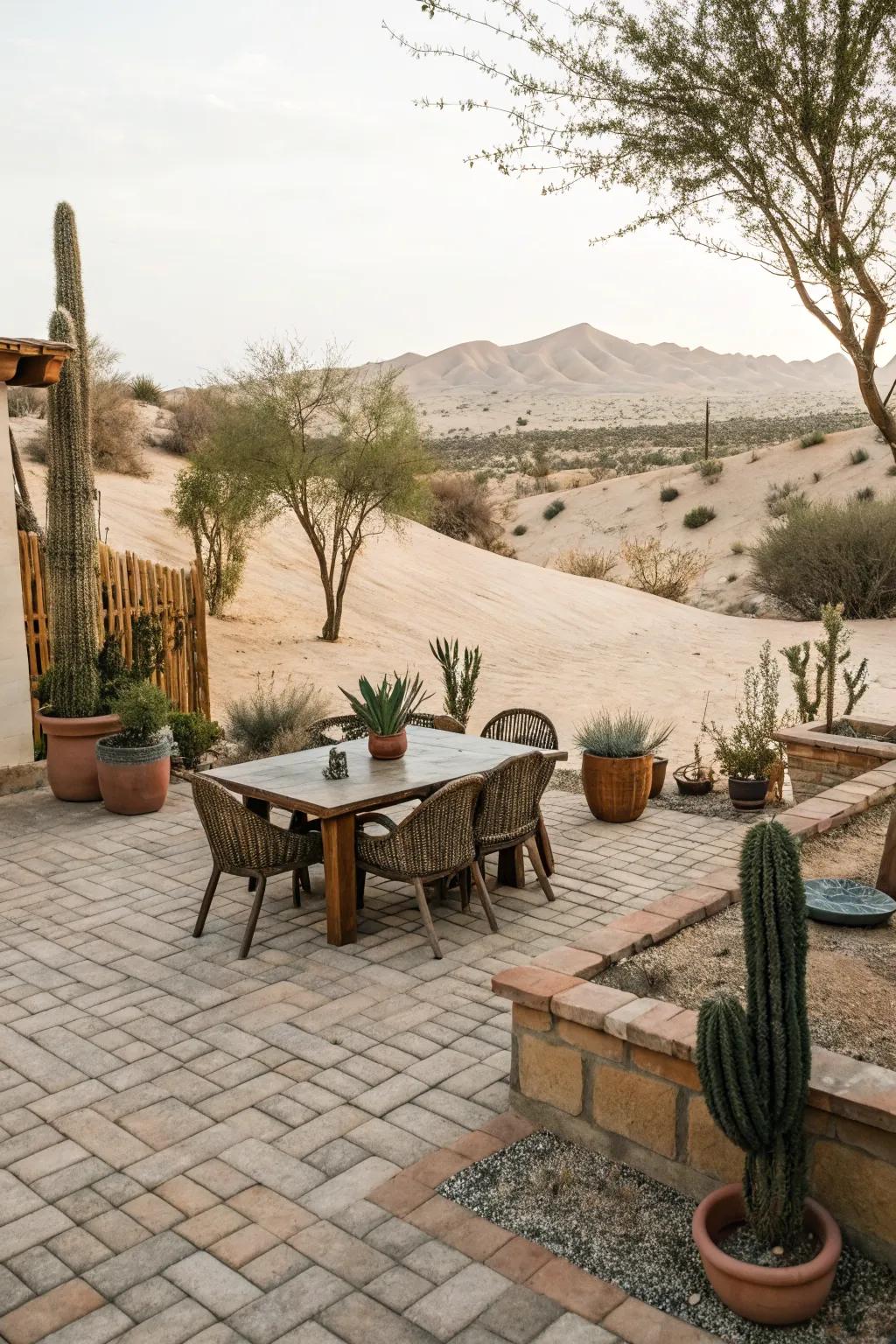 A paved patio creates a perfect spot to unwind in your desert garden.