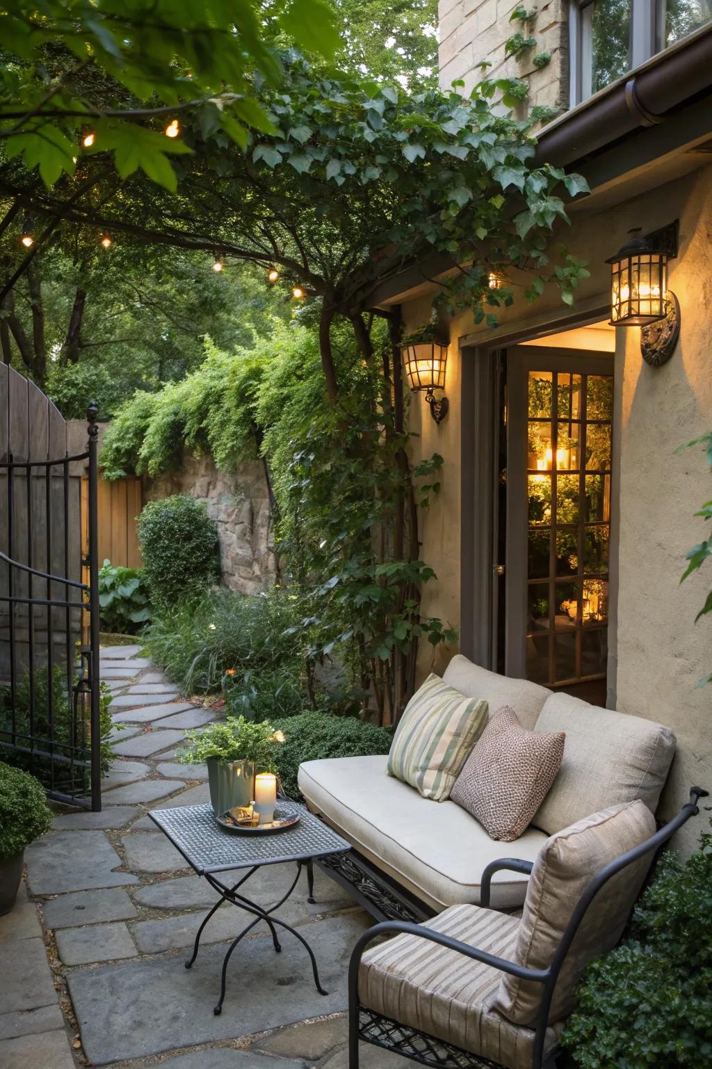 A cozy seating area with cushions near a backyard entrance, surrounded by greenery.