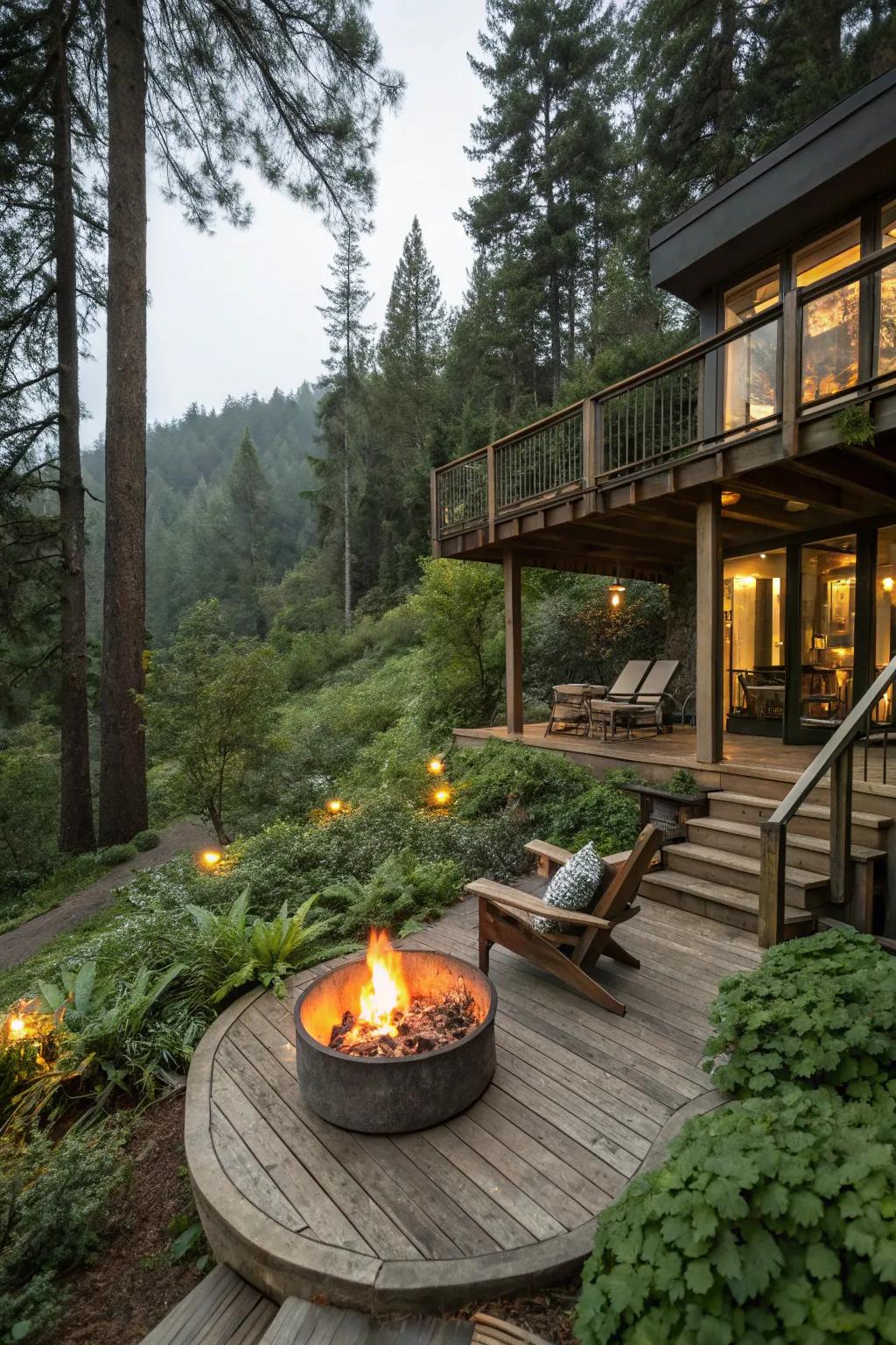 A multi-level deck with a rustic fire pit encourages social interaction.