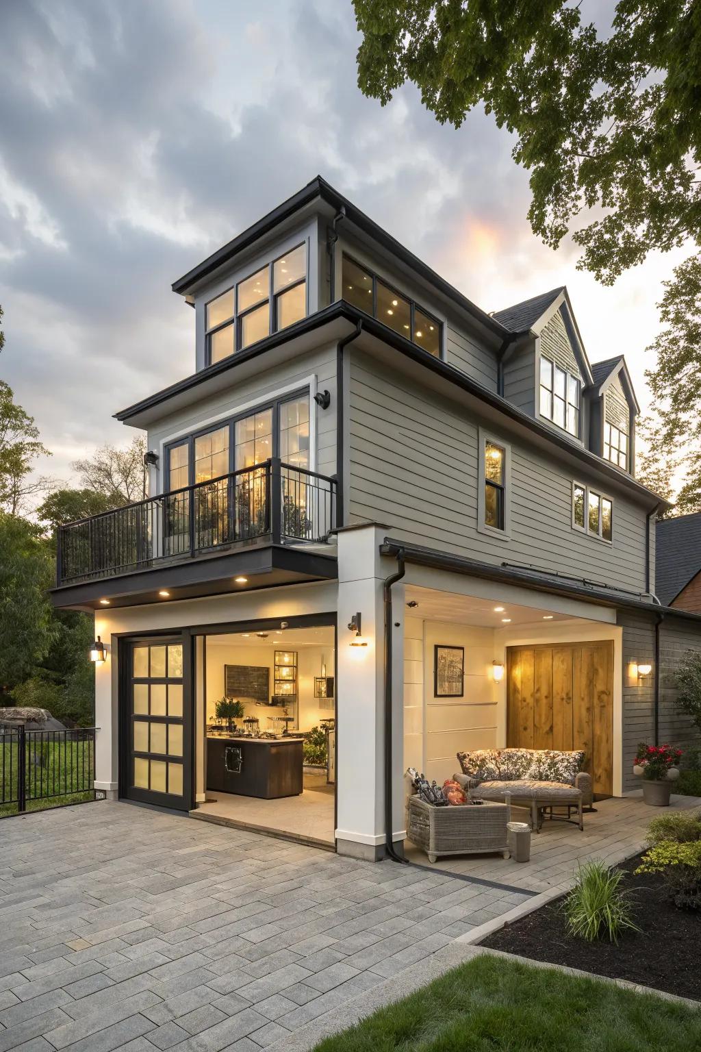 A two-level backyard garage offering extra living space.