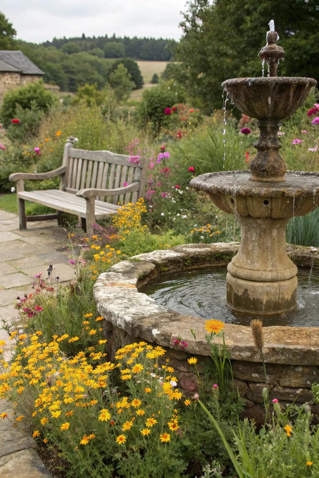 Rustic fountains add a touch of vintage charm to your garden.