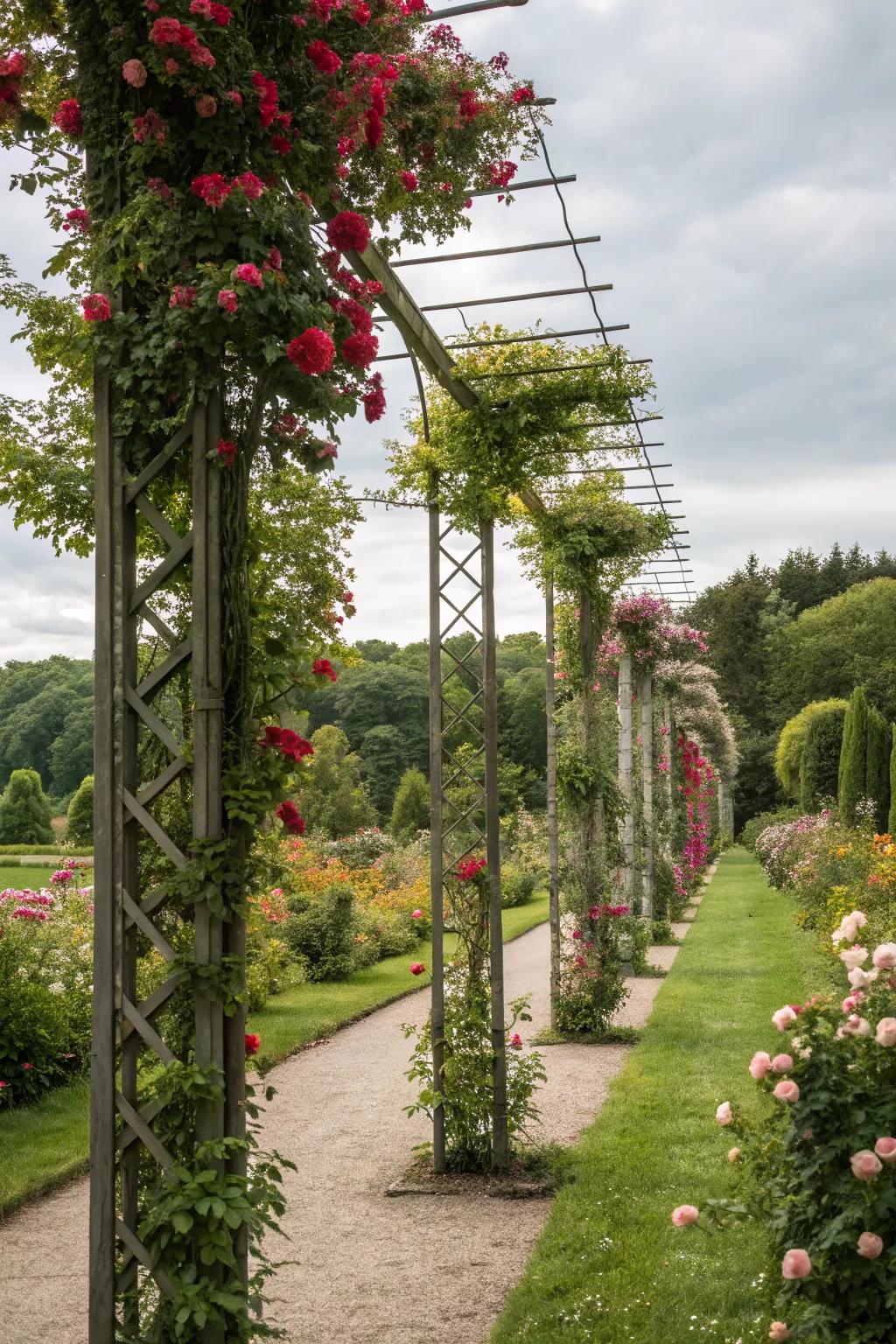 Trellises supporting vibrant climbing plants.