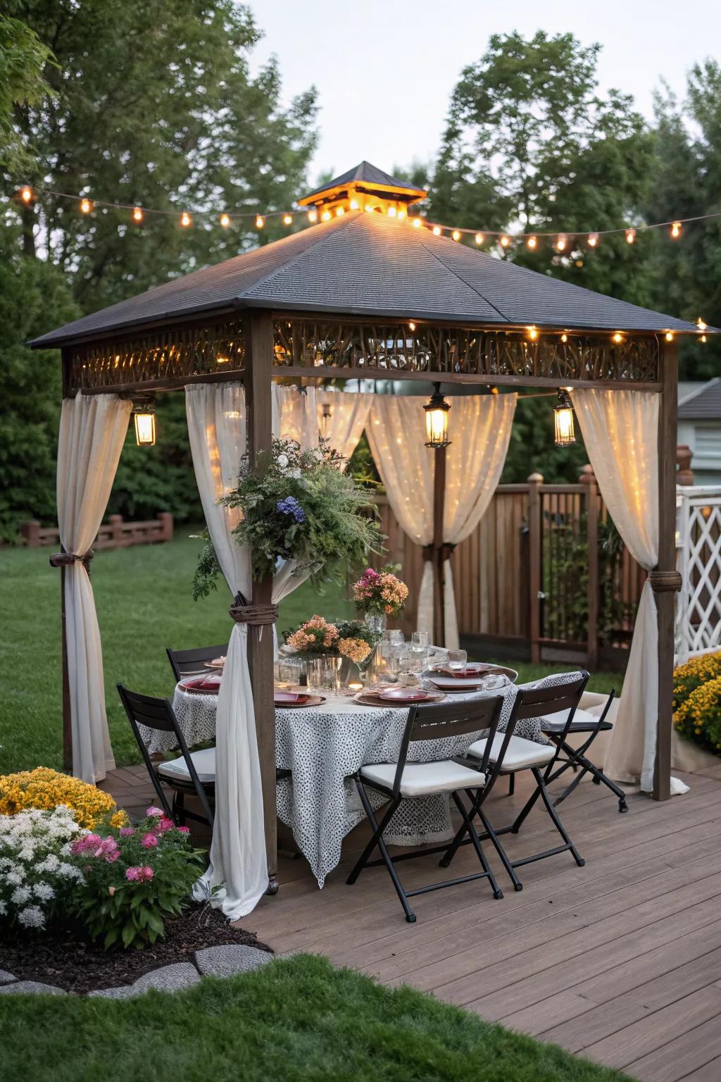 Enjoy meals under your gazebo with a charming dining setup.