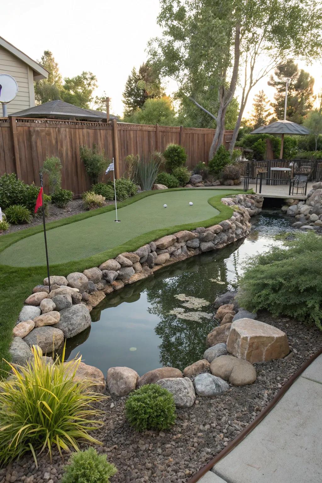 A serene water feature adds beauty and tranquility to your golf setup.