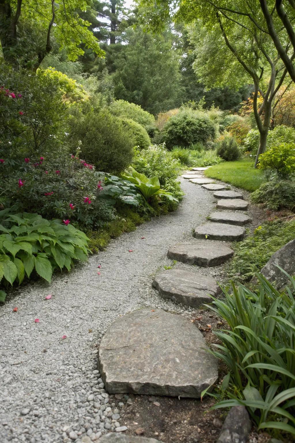 Stepping stones and gravel create a beautiful, walkable feature.