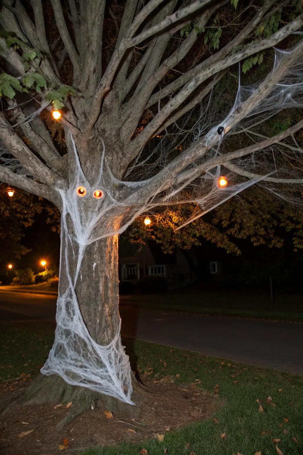 A haunted tree adds a spooky touch.