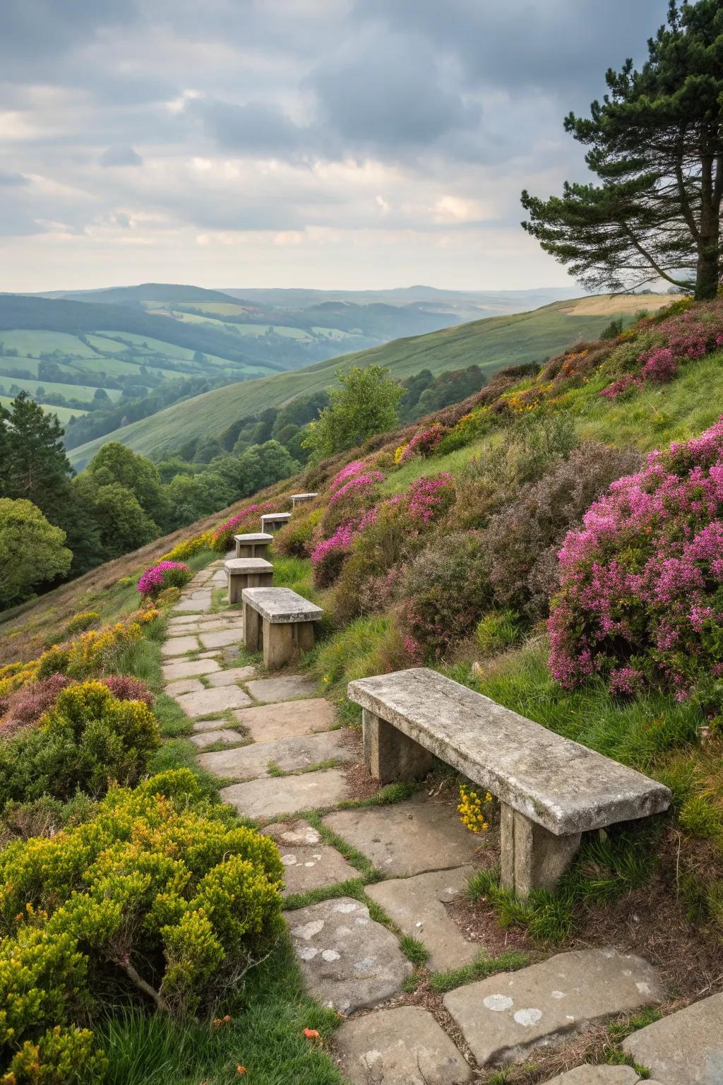 Stone seating harmonizes with nature, offering a perfect spot to unwind.