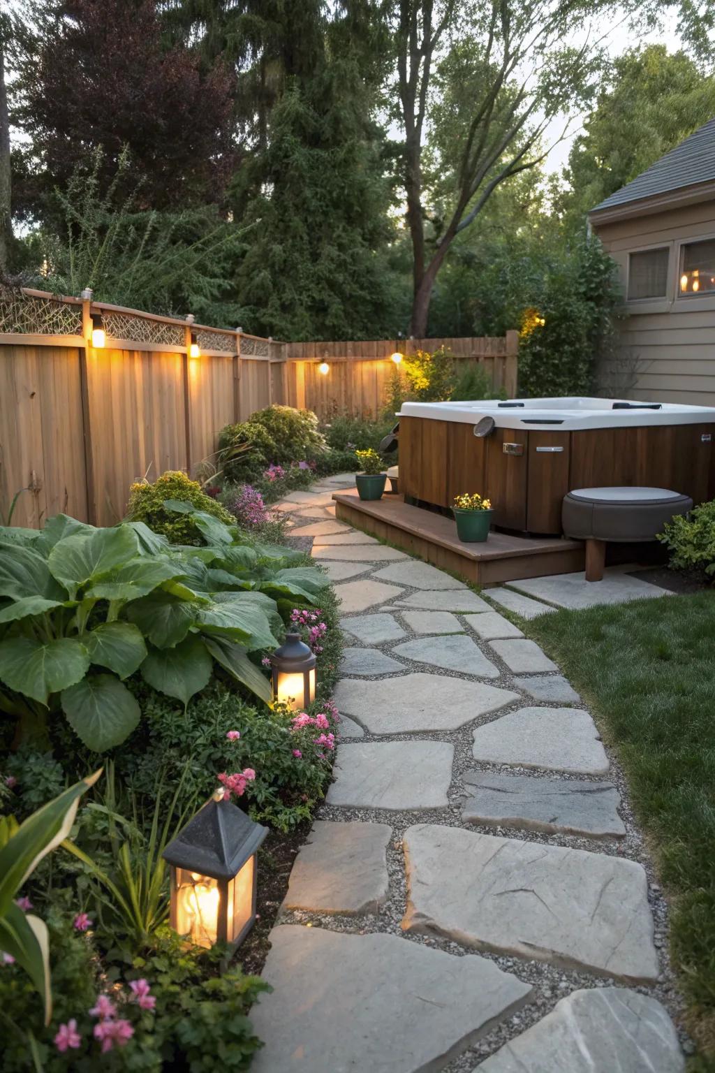A stone pathway guides you to a welcoming backyard hot tub.