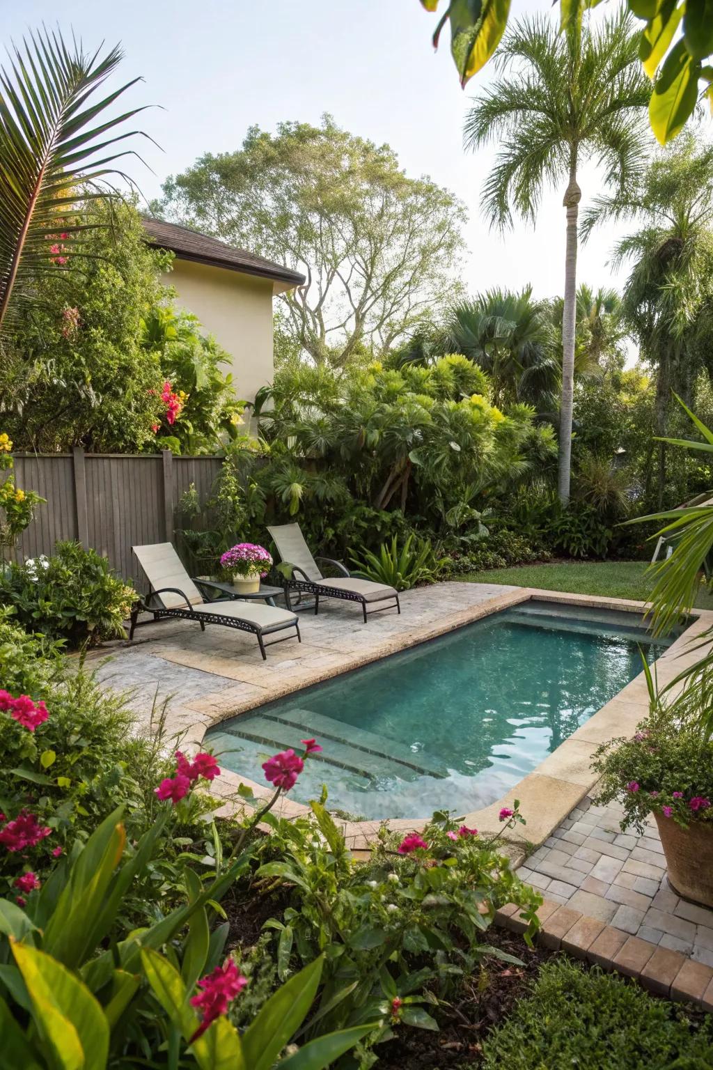 A refreshing swimming pool in a Florida backyard, surrounded by lush greenery.