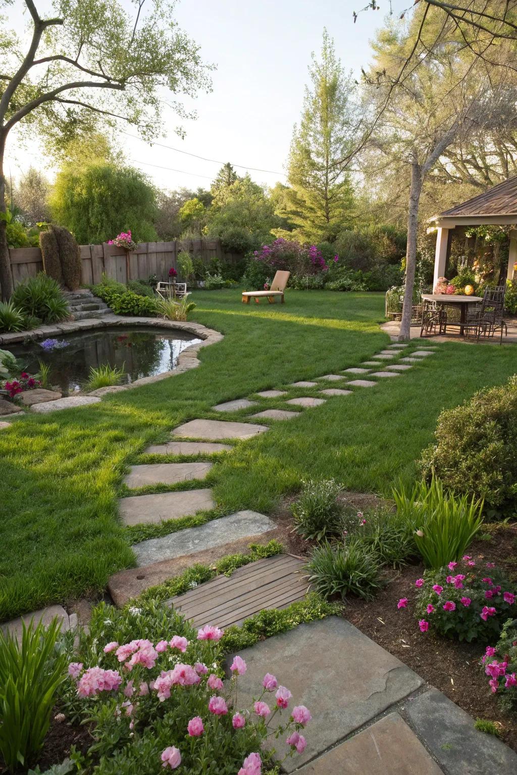 Stone pathways gracefully navigate through lush grass.