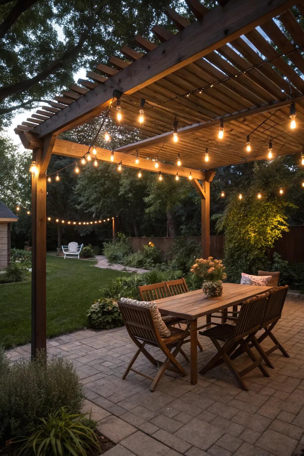 Enchanting string lights create a magical evening atmosphere.