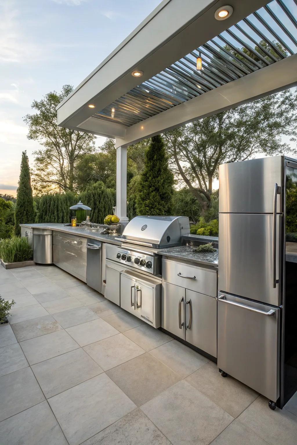 An outdoor kitchen featuring sleek stainless steel appliances with a modern aesthetic.