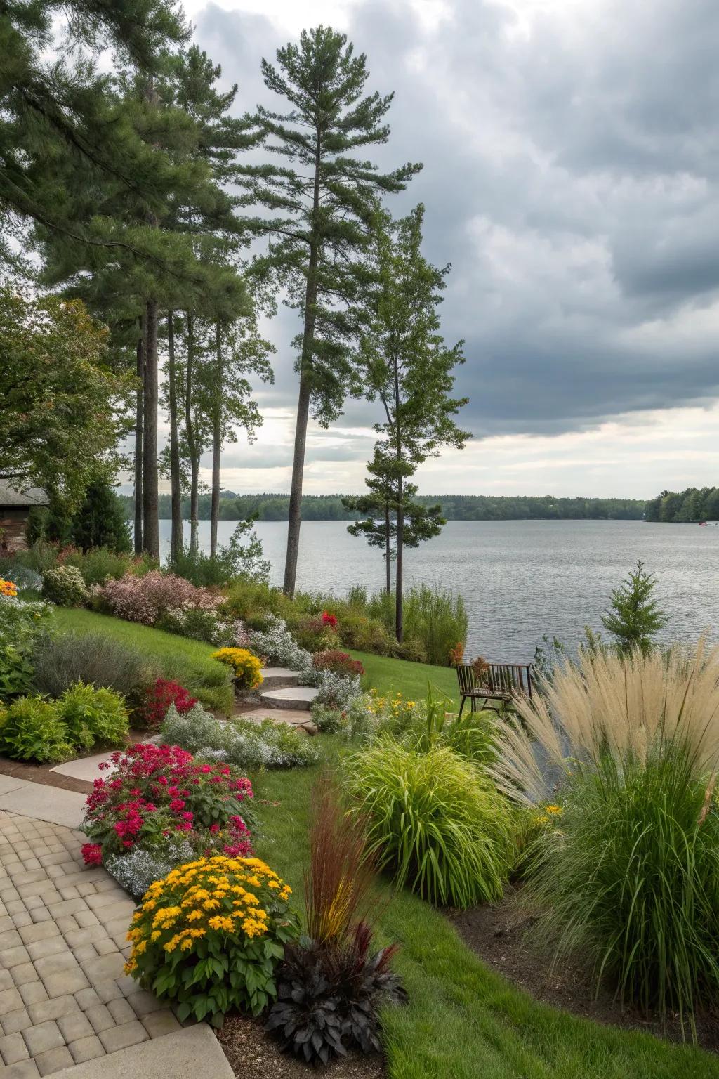 Native plants and ornamental grasses create a vibrant lakeside atmosphere.