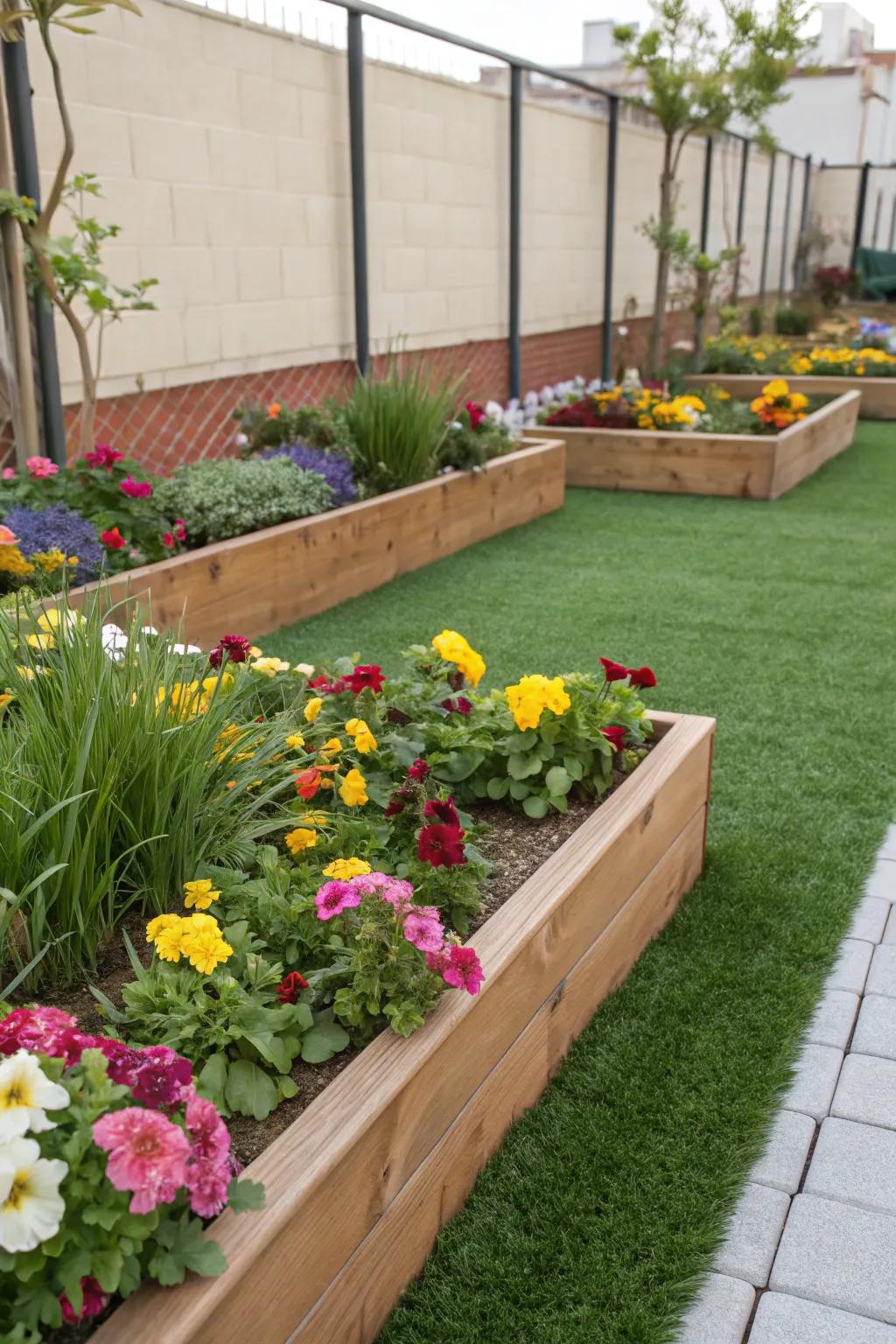 Raised beds add color and depth to your artificial grass landscape.