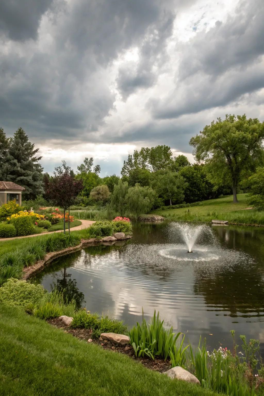 A serene pond with a fountain providing a tranquil escape in a Milwaukee backyard.