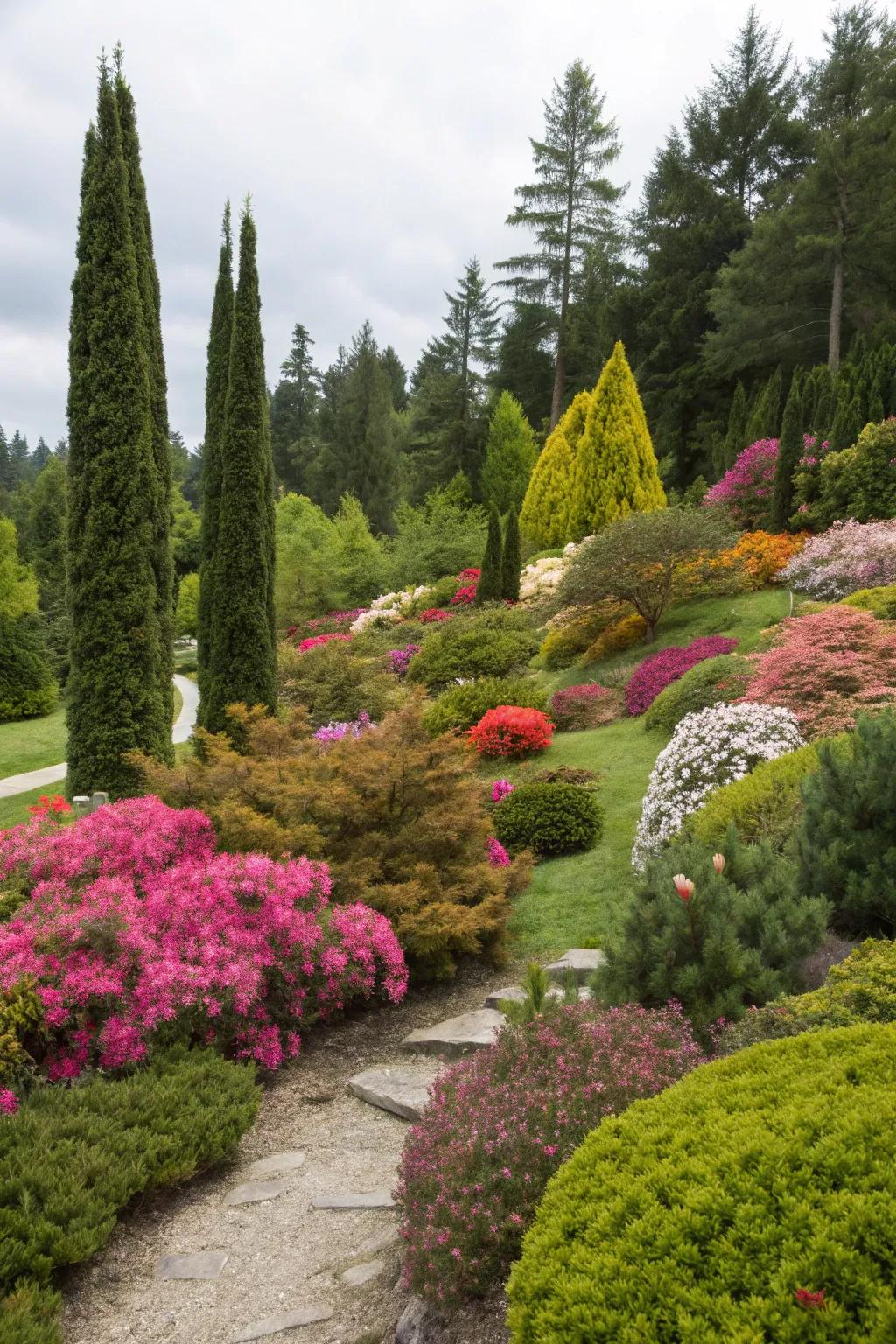 Add visual interest with a mix of arborvitae and colorful plants.