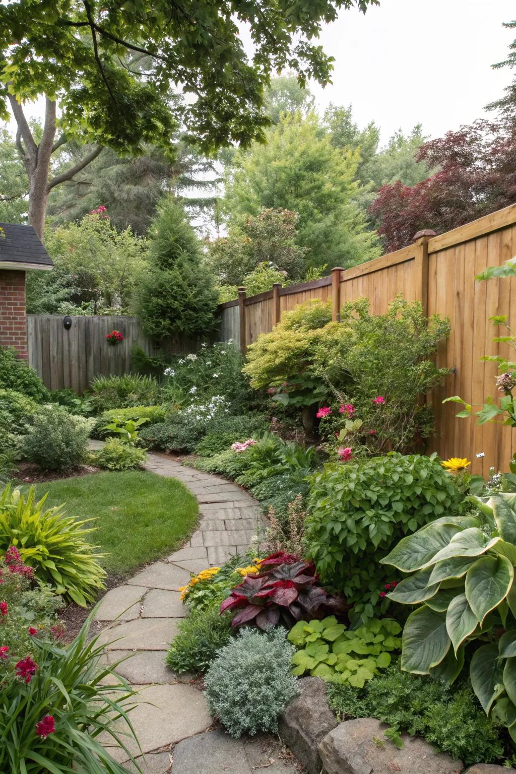 A lush backyard with diverse plants and greenery.