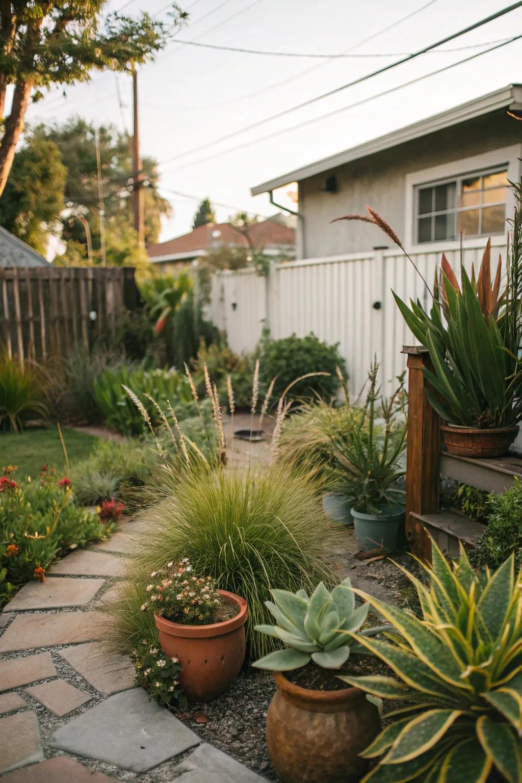 Potted greenery for easy rearrangement and care.