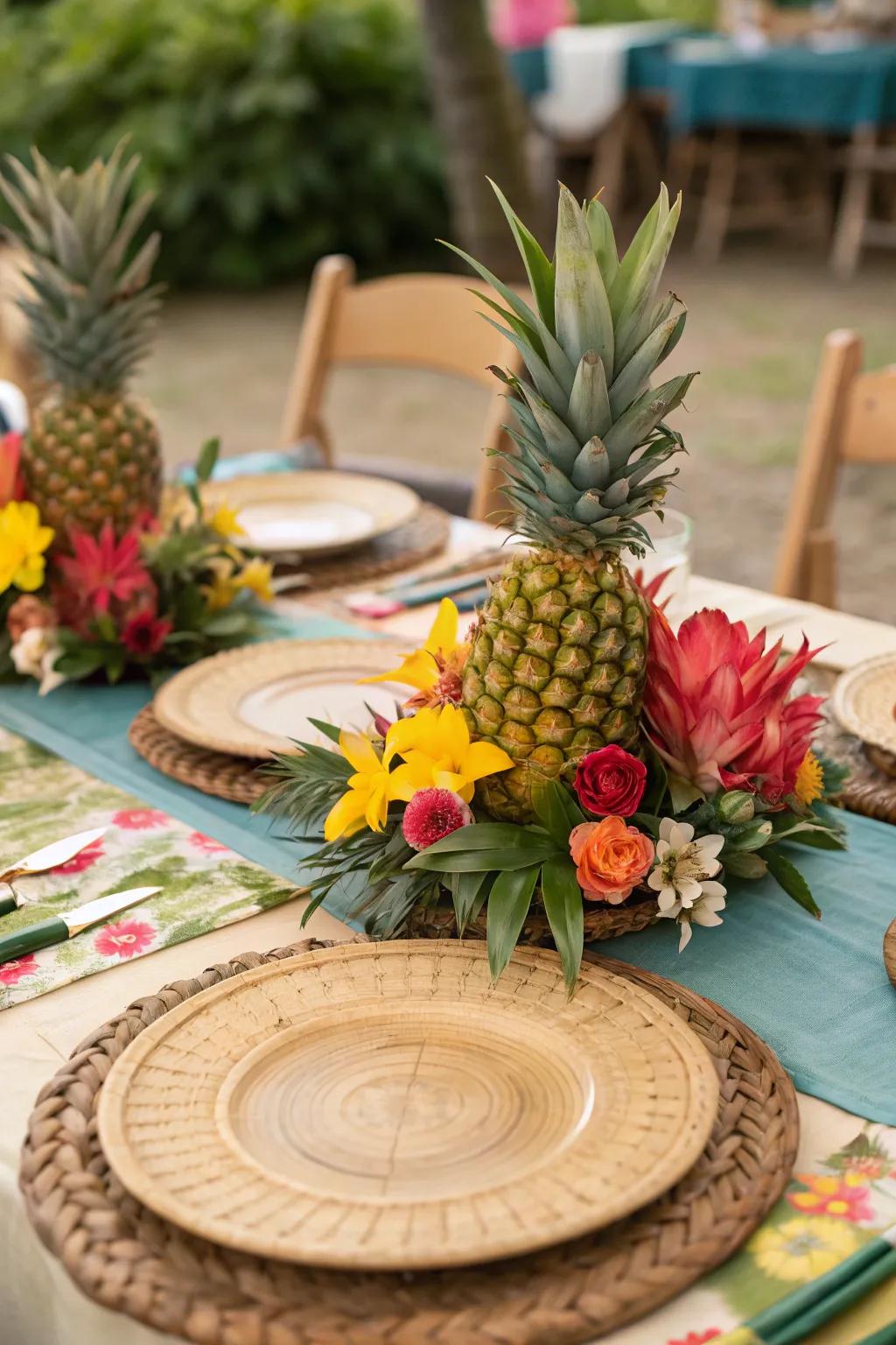 A vibrant tablescape sets the stage for your luau feast.