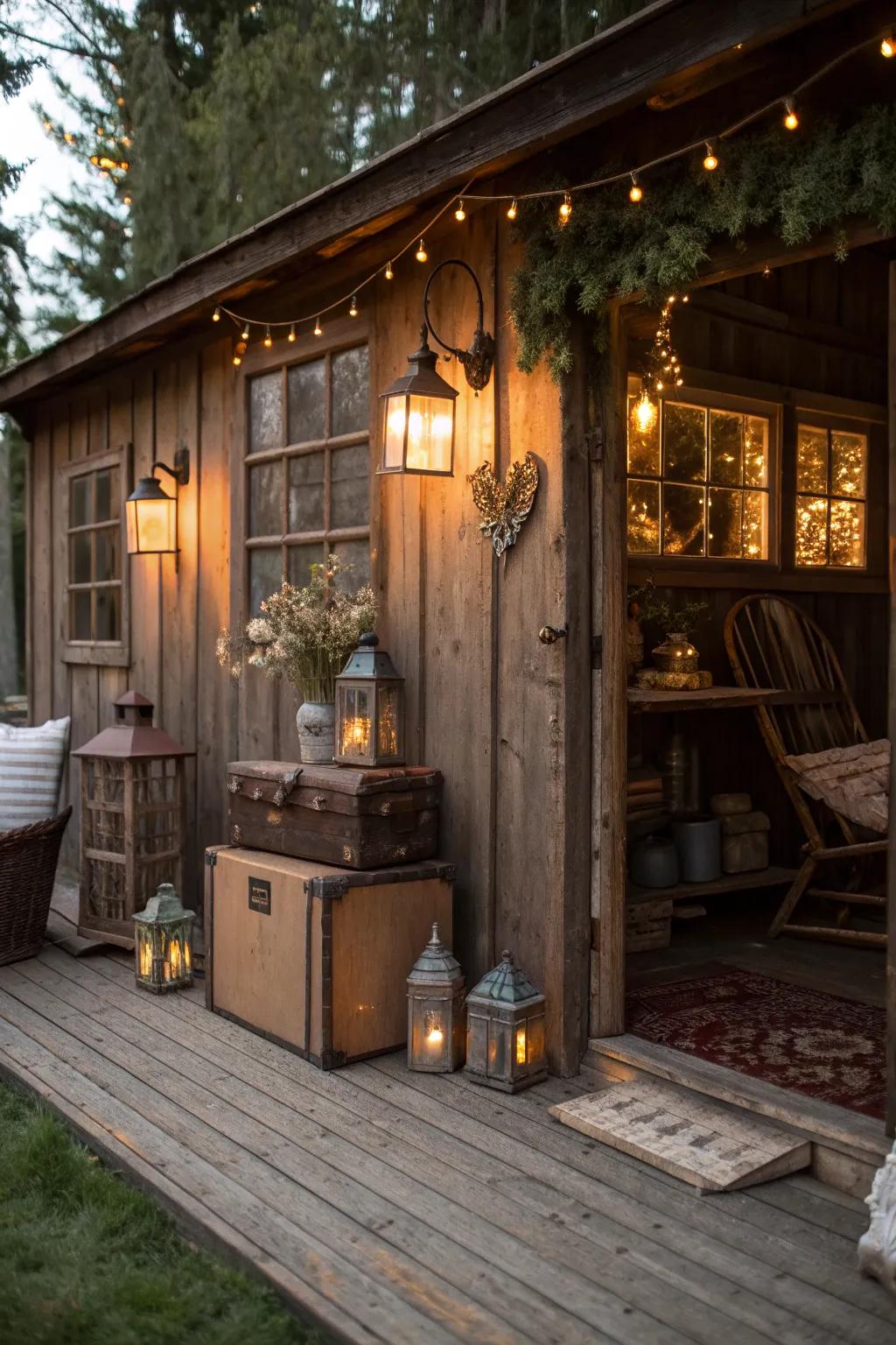 A rustic shed transformed into a charming man cave.