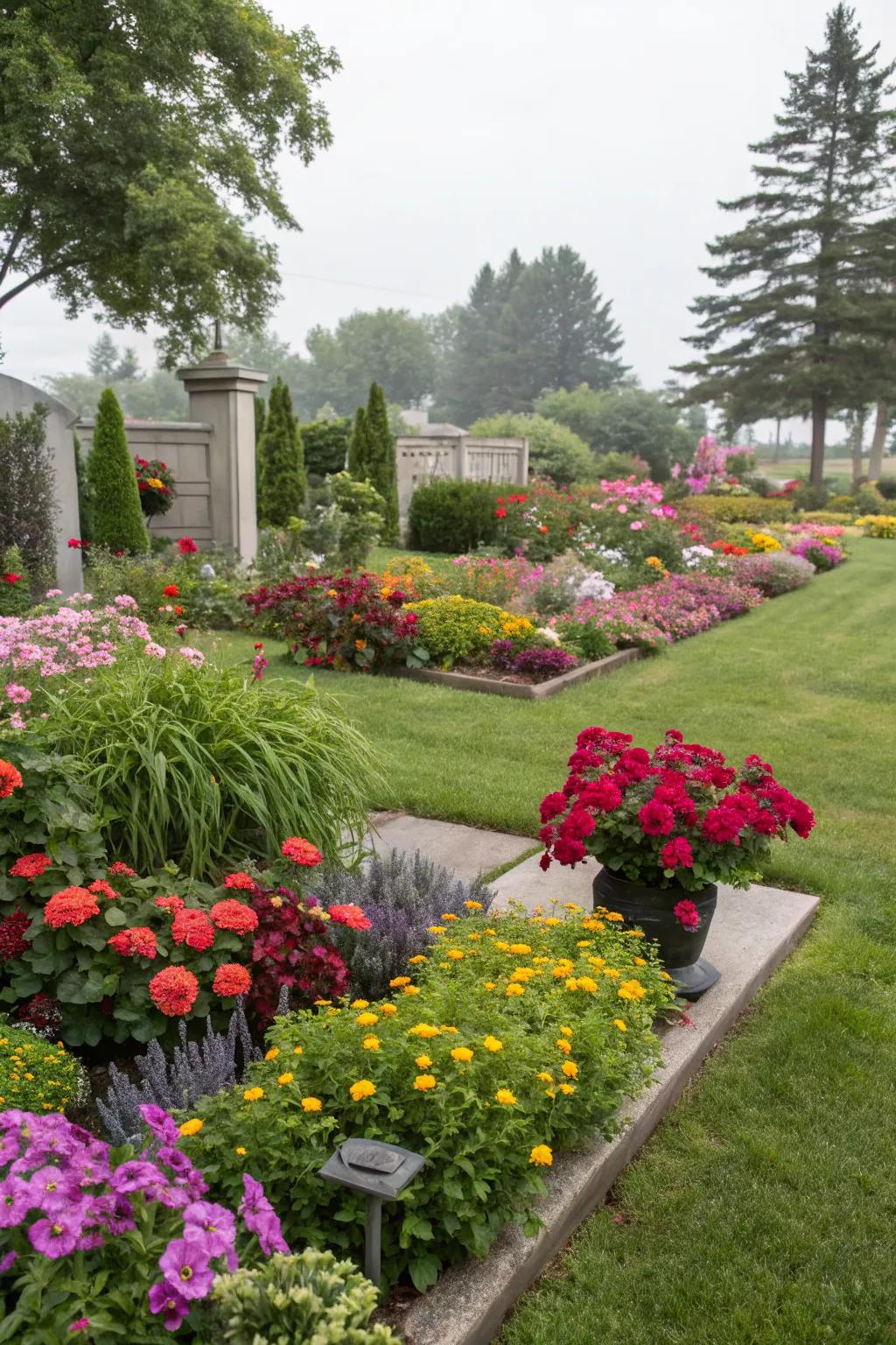 Colorful flower beds bring life and joy to a memorial garden.