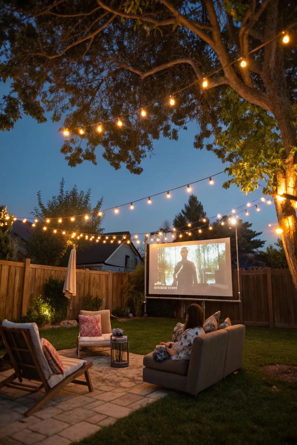 String lights create a whimsical ambiance for your movie night.