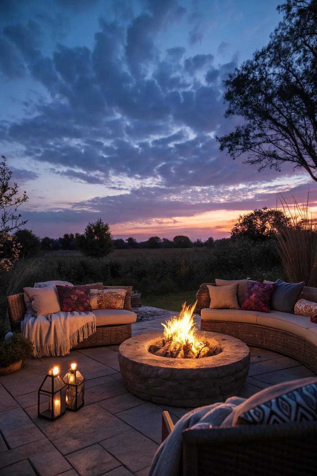 A fire pit creates a warm gathering spot for evenings.