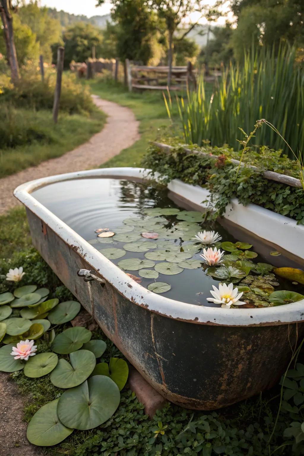 A tranquil water feature using an old bathtub.