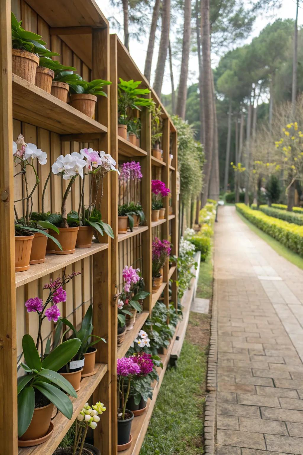 Orchids neatly arranged on rustic wooden shelves.