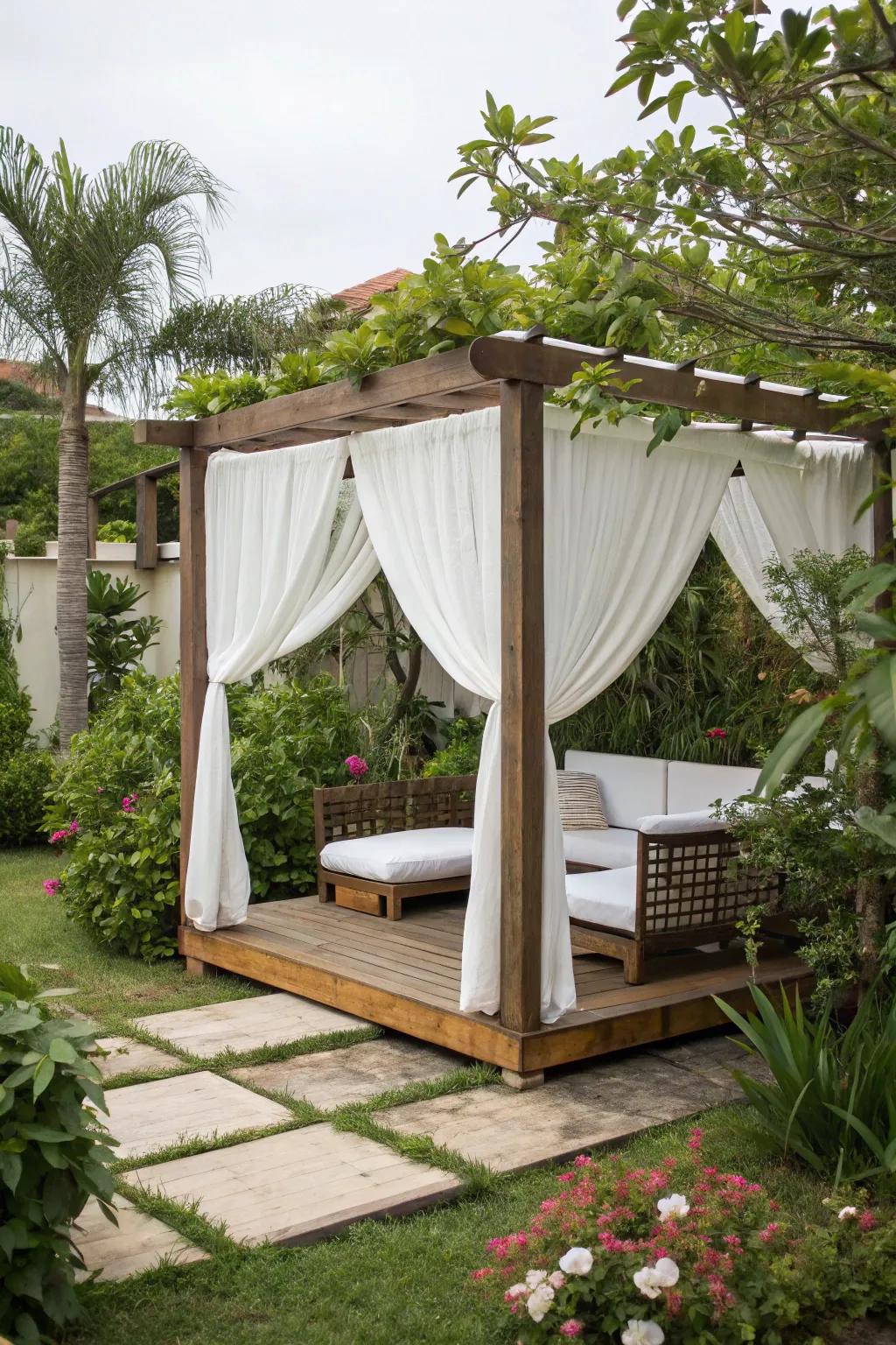 A cozy canopy transforms your pallet gazebo into a snug retreat.