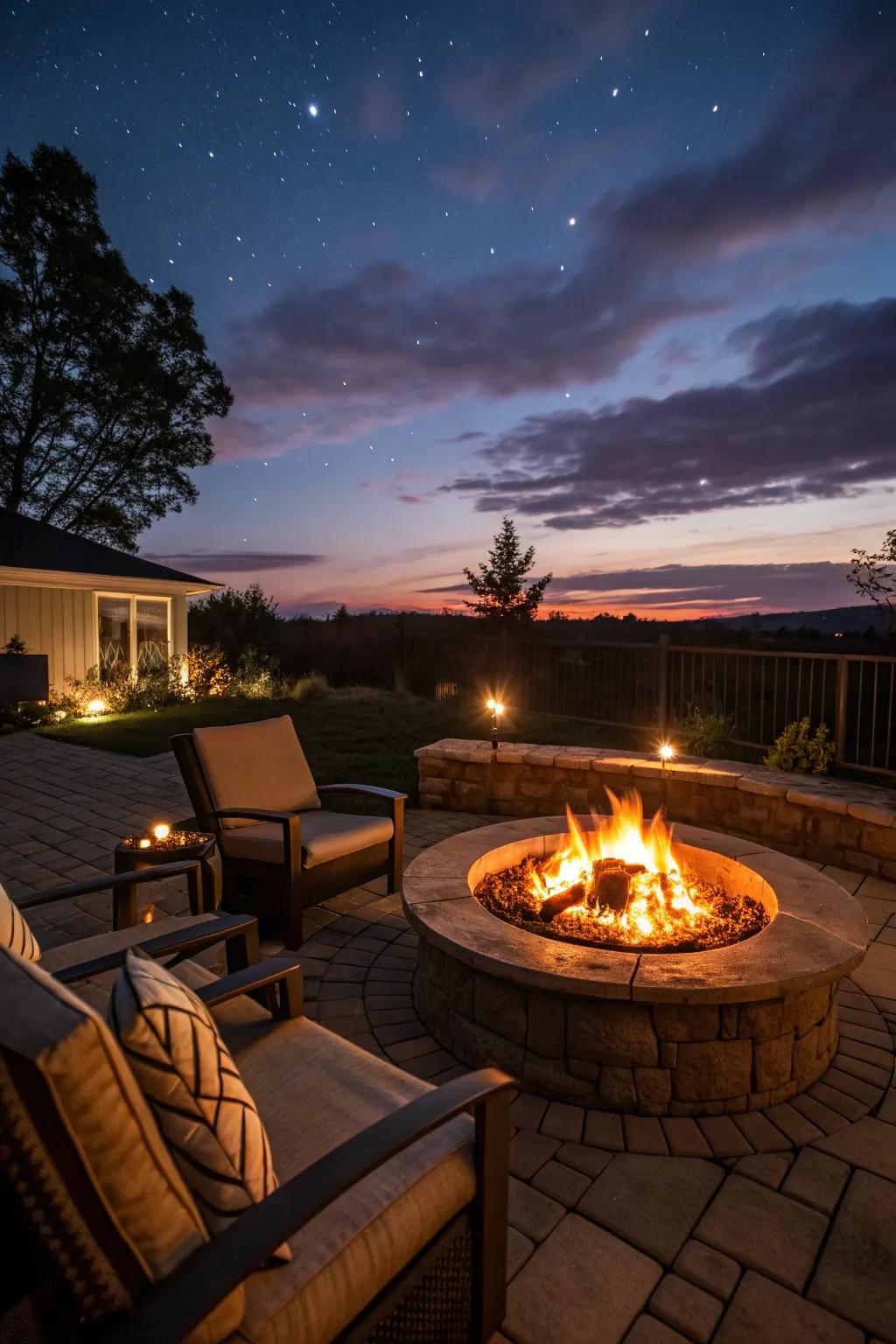 A fire pit adds warmth and a focal point for evening gatherings.