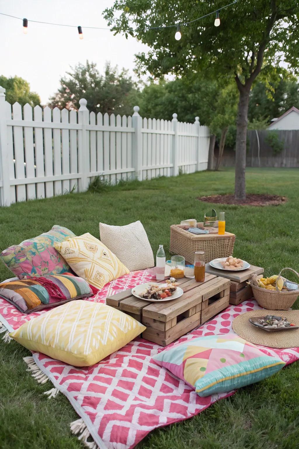A bohemian picnic setup encourages relaxation and conversation.