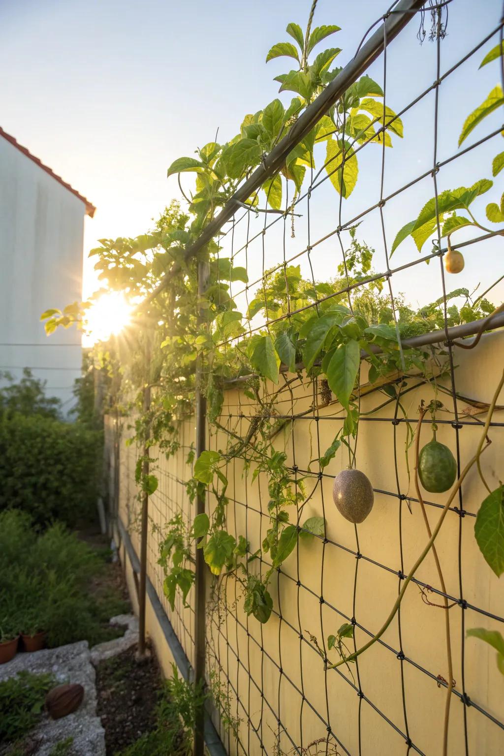 A DIY wire mesh trellis supporting thriving passion fruit vines.