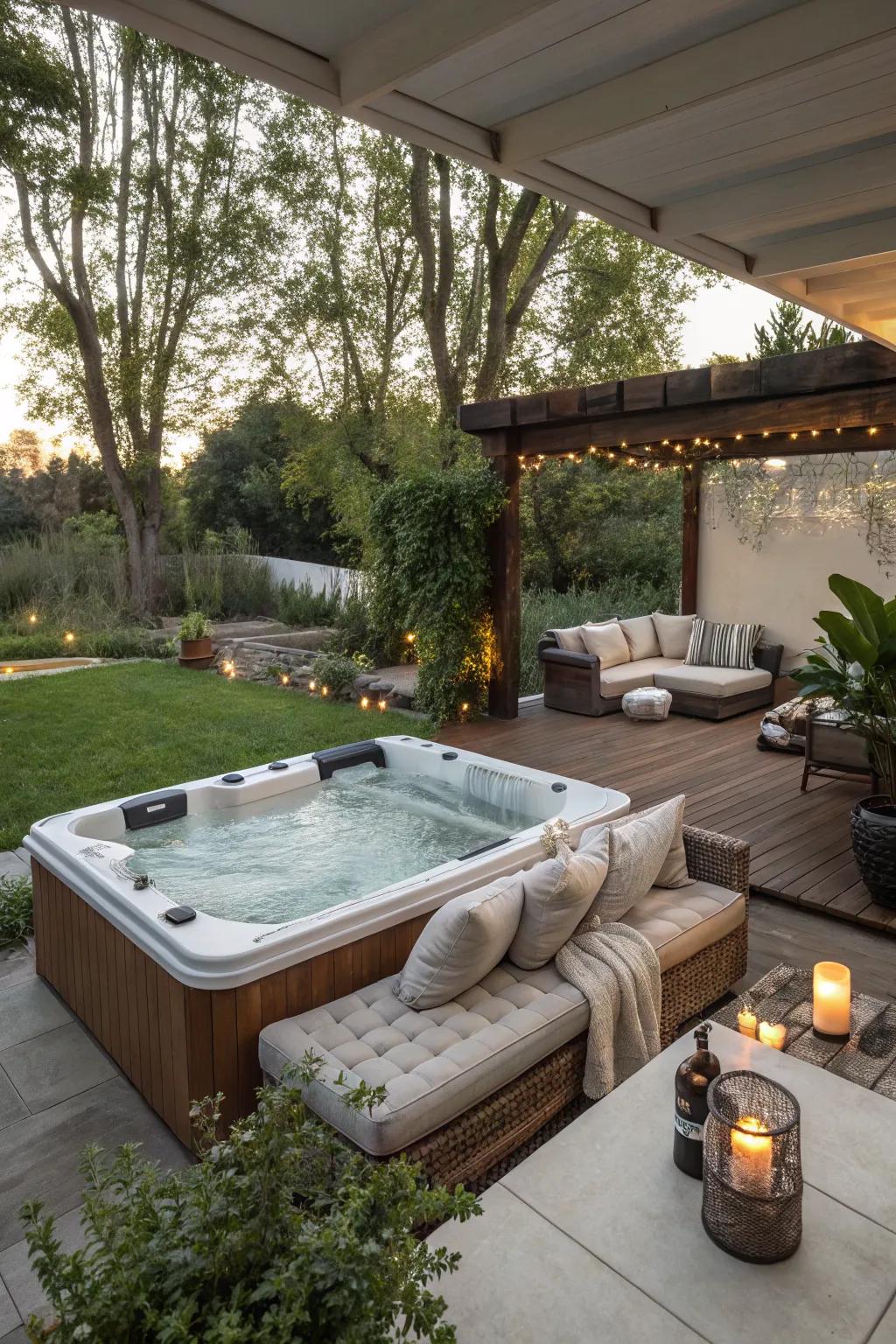 A welcoming lounge area next to a hot tub, perfect for relaxation.