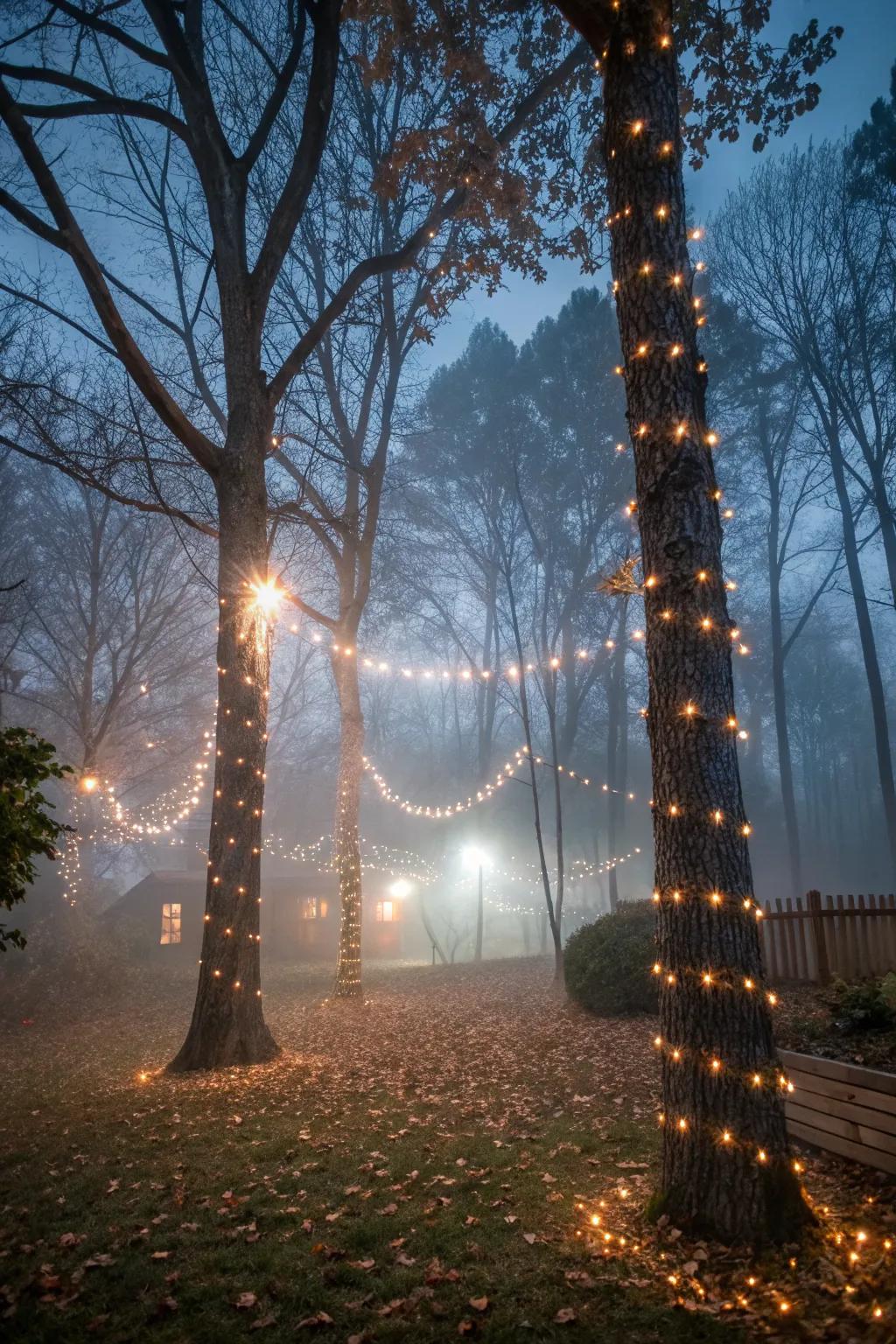 Create an enchanted forest with twinkling tree lights.
