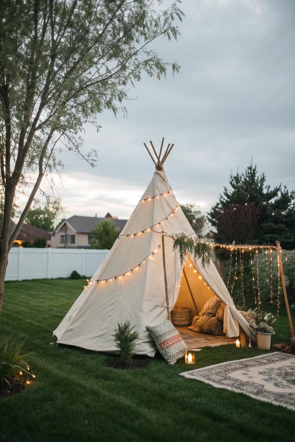 Enchanting bohemian teepee perfect for a whimsical picnic.