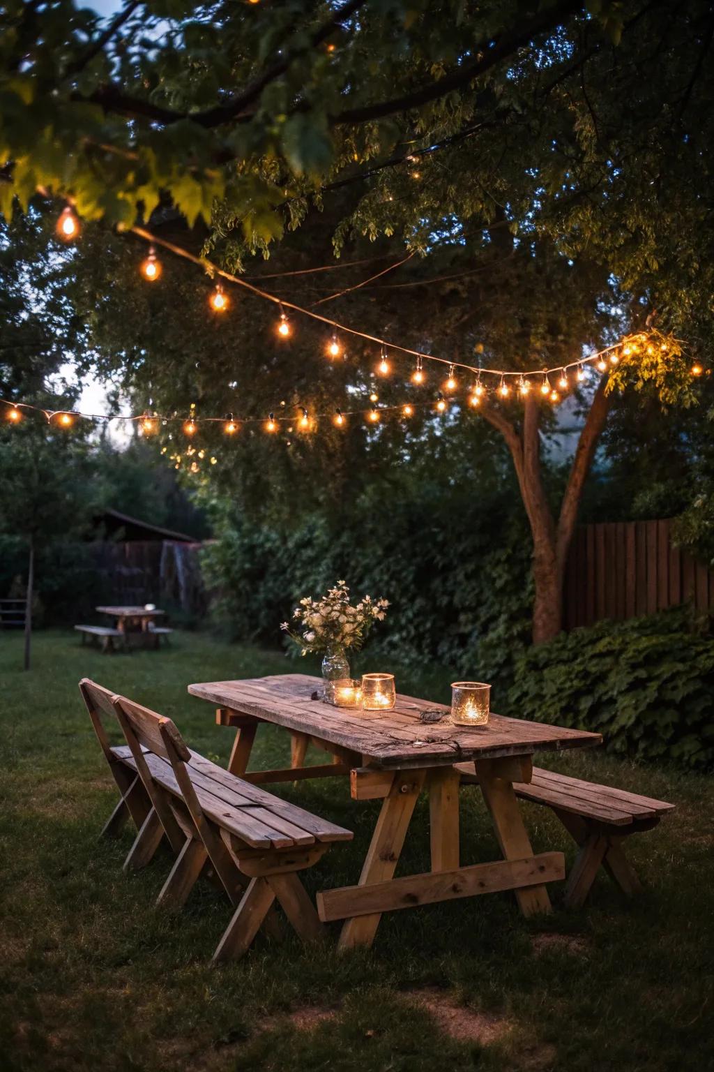 Transform your backyard into a magical retreat with the warm glow of string lights.