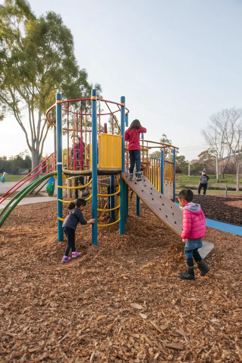 Eco-friendly recycled mulch for a sustainable play area.