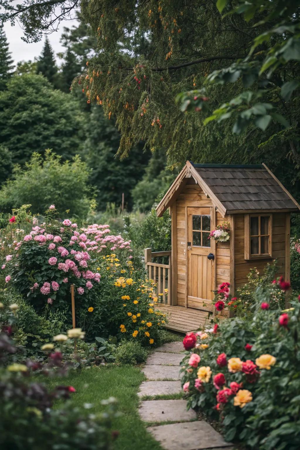 A secret garden playhouse offers a whimsical retreat.