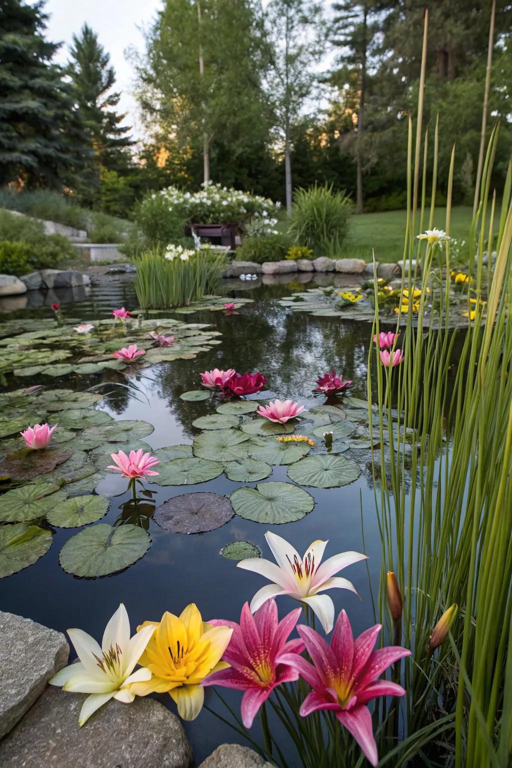 A backyard pond adorned with lilies and reeds.