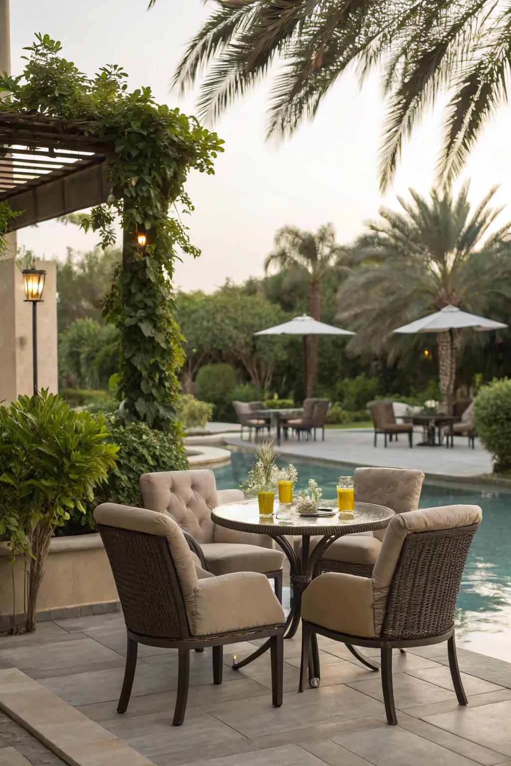 Relax and dine al fresco with a chic seating area by the pool.