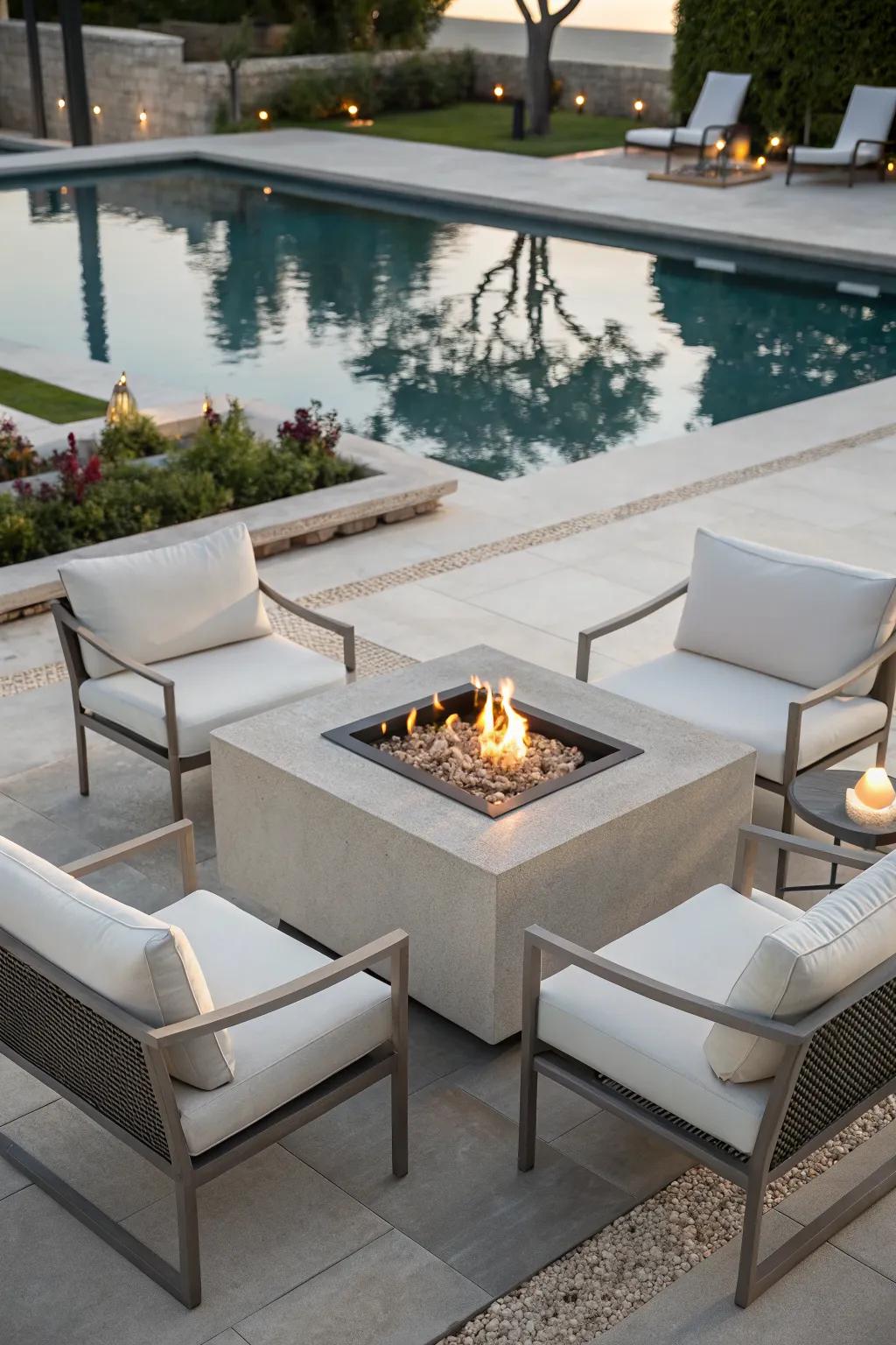 A modern fire table adds contemporary flair to your poolside.
