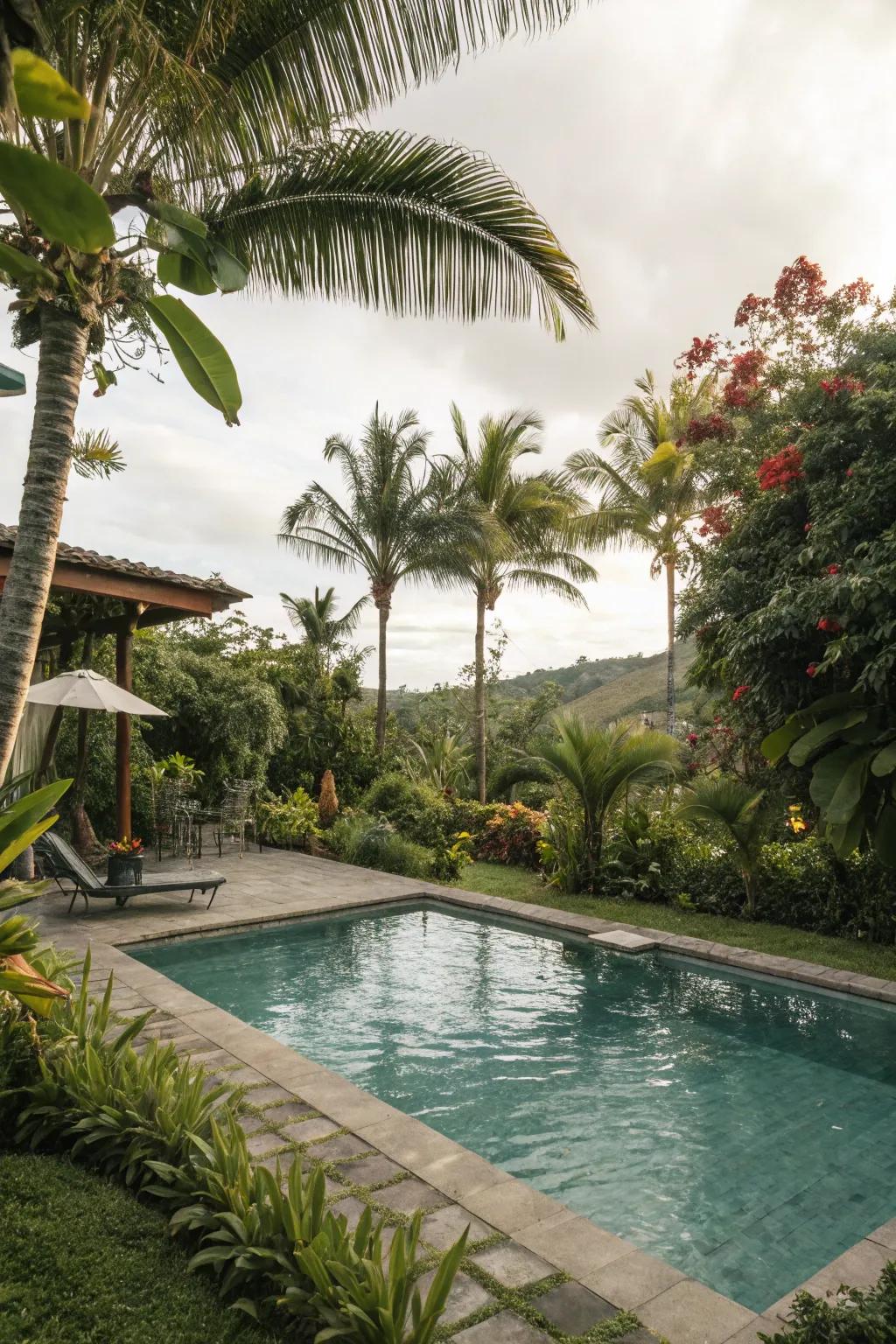 A tropical backyard pool surrounded by lush palms and vibrant flora.